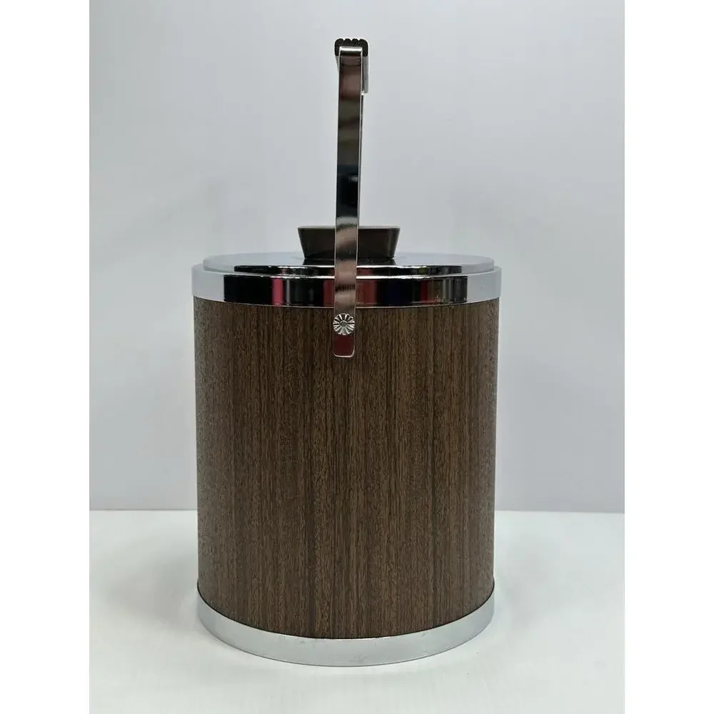 Vintage KROMEX USA 1960s‎ Ice Bucket Wood Grain Chrome Metal Wood Handle Knob